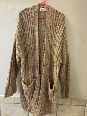NET . 153 Open Cardigan Sweater Womens Beige Brown Knit Pockets Boucle Sz 1X/2X